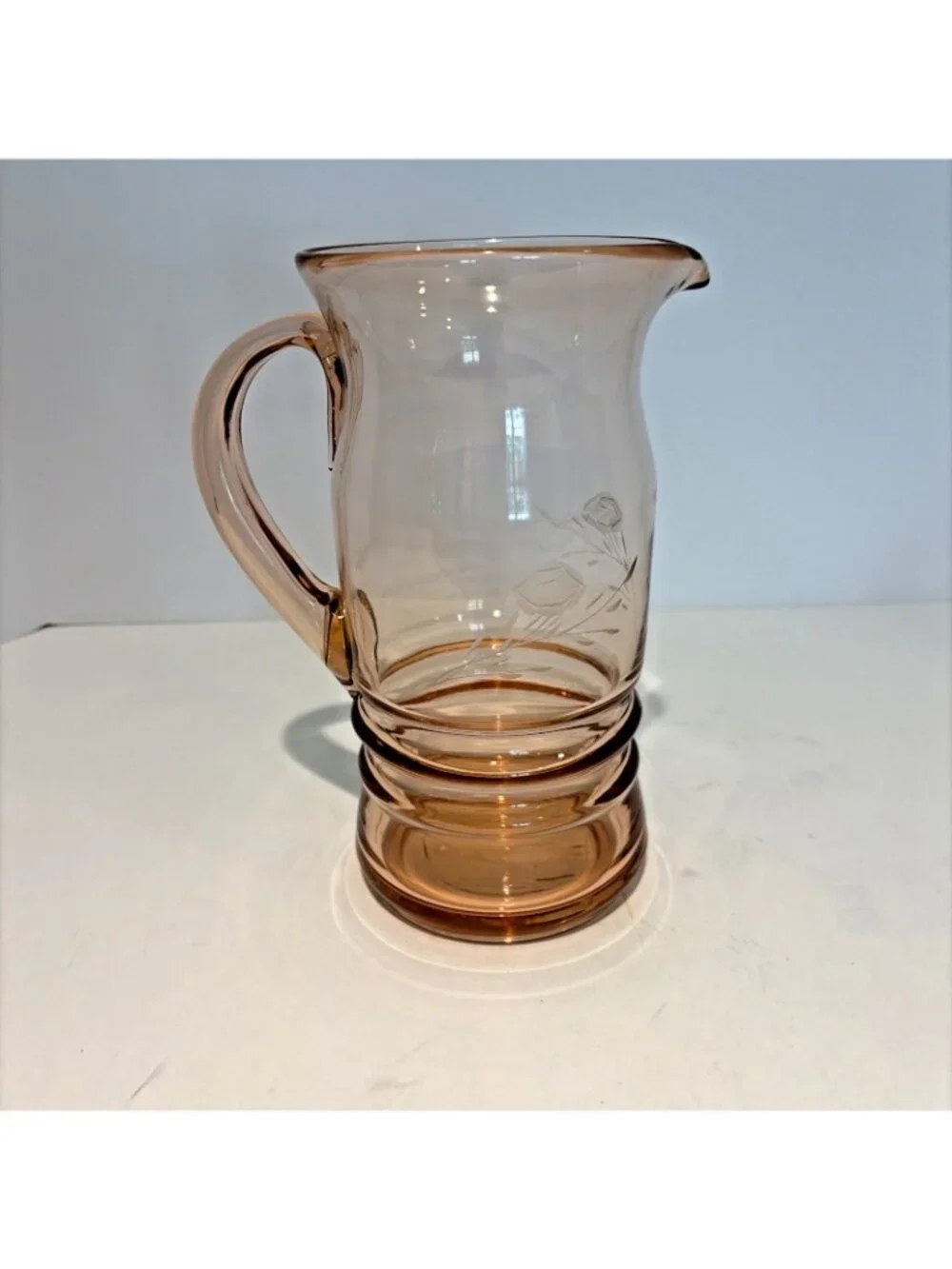 Vintage Pink Depression Glass Etched Pitcher 1 Quart Ribbed Flowers 1930s